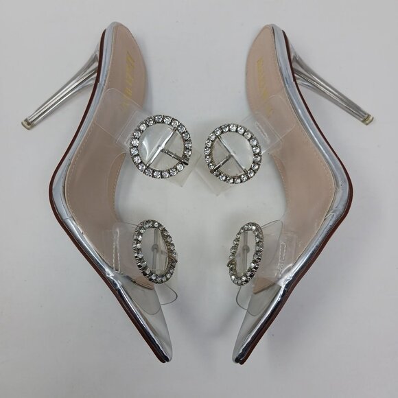 Azalea Wang DARBY Clear Pointed Toe Heels With Rhinestone Buckles Size 8 - Picture 9 of 14